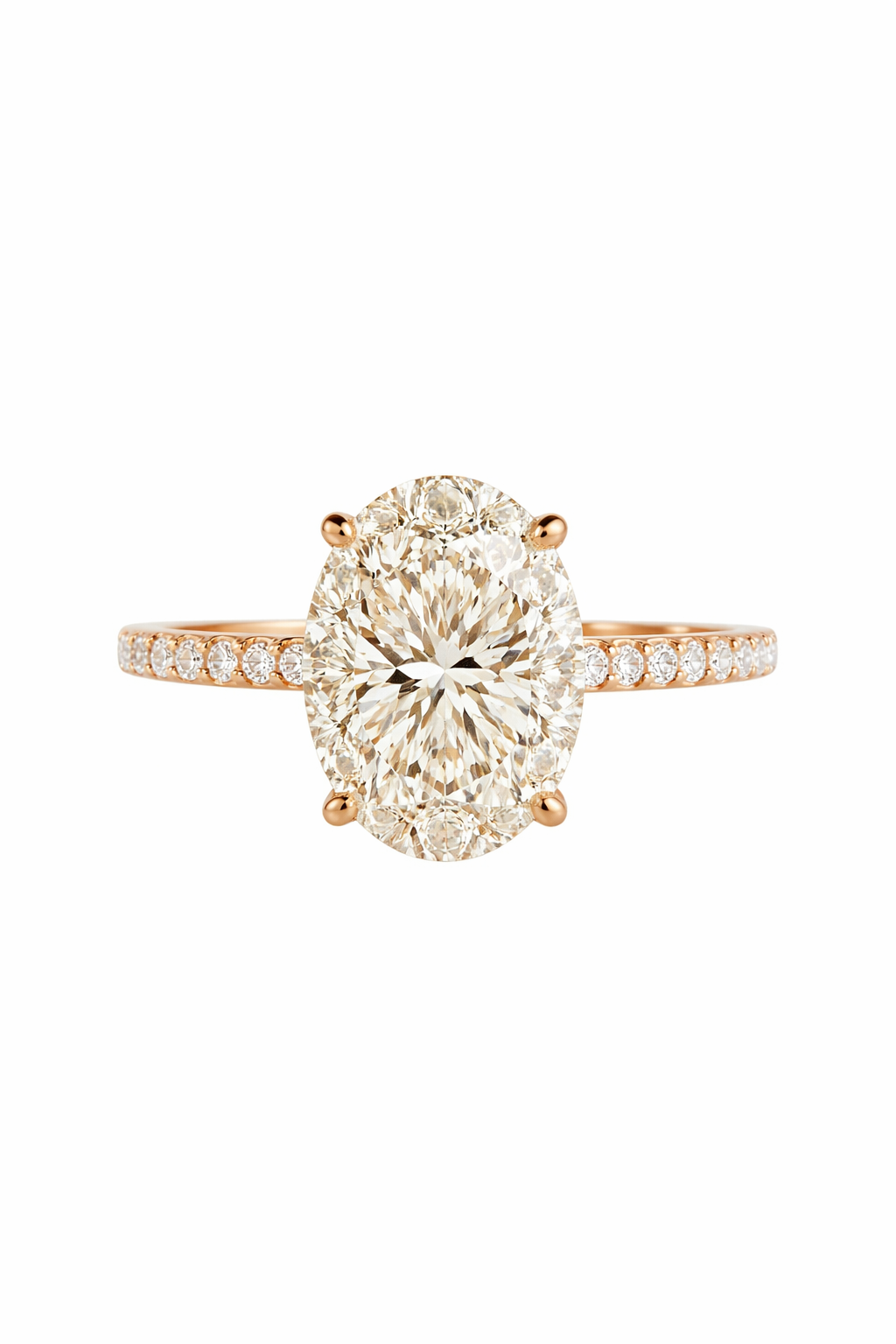 Rose gold engagement ring featuring 4.5 carat oval-cut diamond with a pavé diamond band