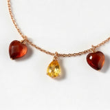 Cognac Quartz Heart & Citrine Briolette Charm Necklace in 14k Rose Gold