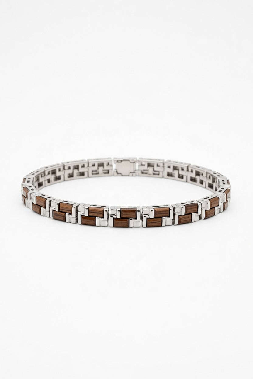 A titanium men link bracelet with rectangular wood inlays