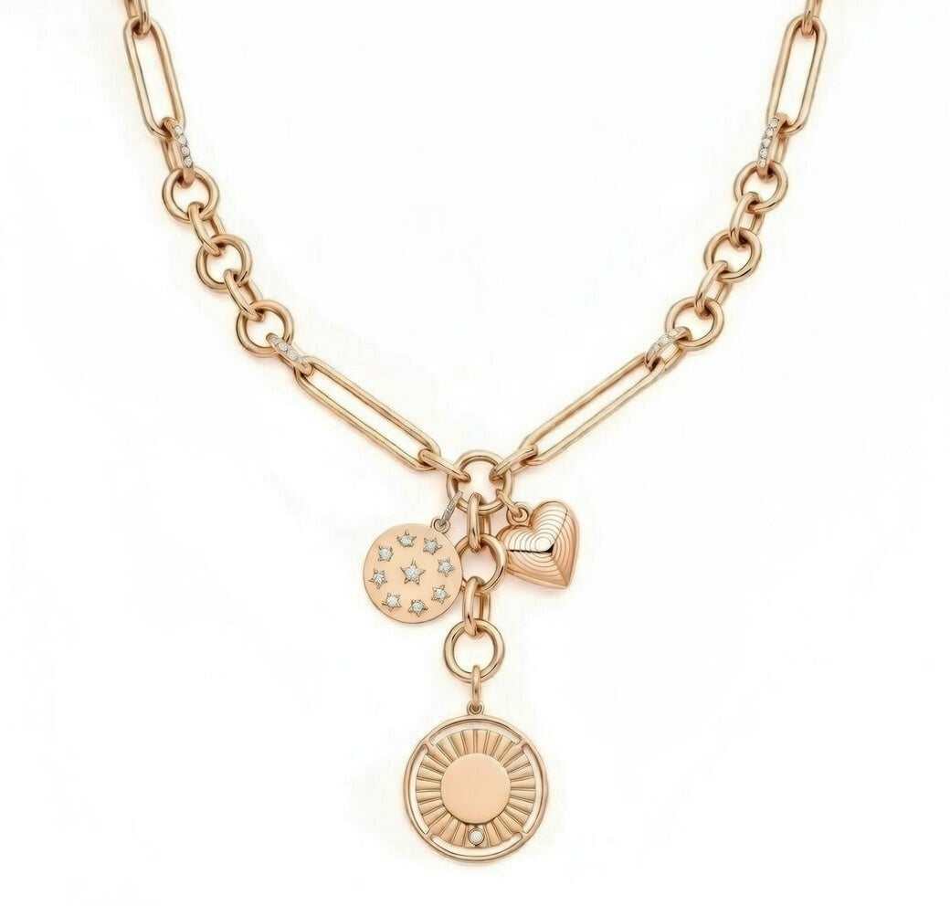 18" chain necklace in 18k rose gold with charms accented with white diamonds