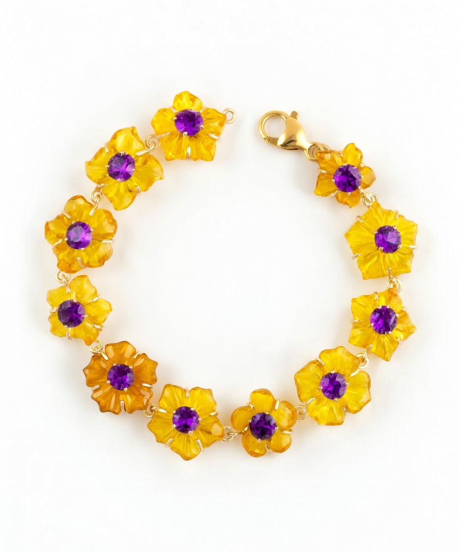 Carved Amethyst Flower & Citrine Bracelet in 14k Gold