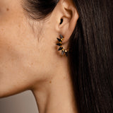 Solid gold hoop earings with edgy spikes, plated with Rhodium.